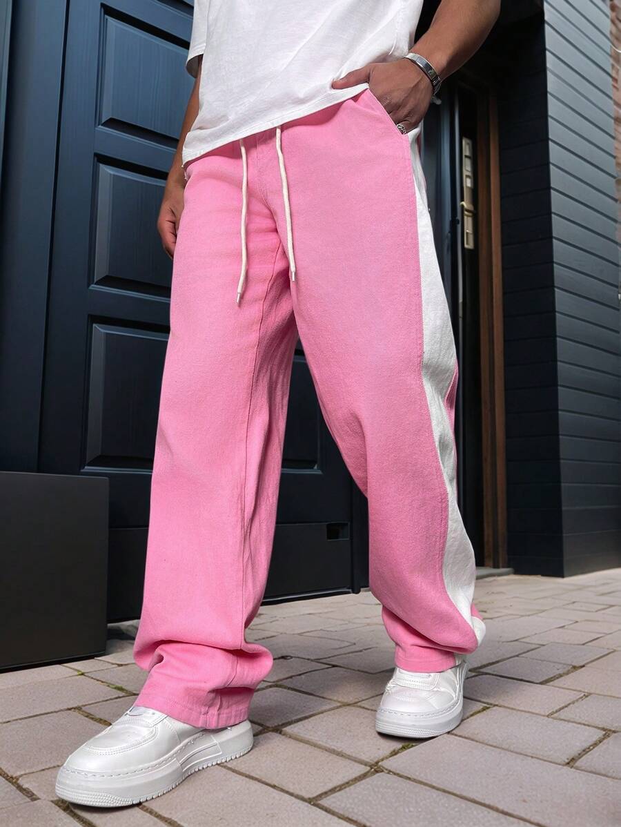 Manfinity Roghcode Men's Contrast Color Block Drawstring Waist Jeans - Pink - View 1