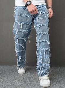 Manfinity EMRG 宽松男式纯色毛边牛仔裤 - 藍色 - 查看 4