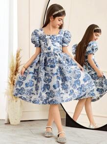 女童提花方领短袖优雅连衣裙，适合毕业舞会、公主裙、情人节女童、花童裙 - 藍色 - 查看 4