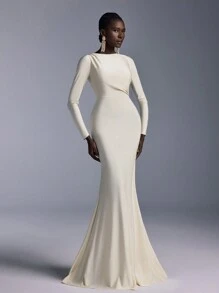 Elitara 优雅轻盈褶皱前露背长袖圆领鱼尾下摆伴娘礼服 - 香檳色 - 查看 7