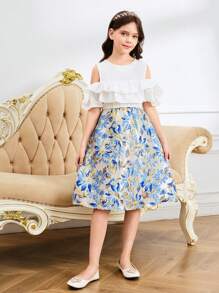 1 pieza Vestido azul para niñas preadolescentes con hombros descubiertos, volantes, bordados y decoraciones de lámina