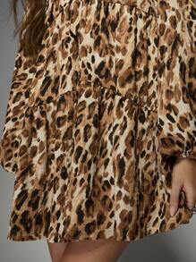 MISSGUIDED Leopard Print Tie Neck Babydoll Mini Dress Puff Sleeve Tiered Ruffle Fall Winter Spring Party Date Night Fashion Boho Chic Empire Waist - Multicolor - View 5