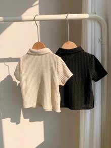 SHEIN Set de 2 pullovers de bebé niño de unicolor, de punto suave, con cuello vuelto, manga corta y cierre parcial - Multicolor - Ver 2