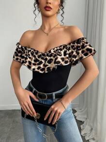 Selianne Women's Fashion Off Shoulder Ruffled Leopard Print Color Block Patchwork T-Shirt, Spring/Summer - Black - View 6