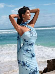 Opulessa Women's Long Knit Mesh Printed Bodycon Dress - Blue - View 4