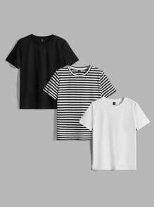 SHEIN Essnce 女士纯色圆领短袖简约 T 恤，休闲日常穿着 - 彩色 - 查看 1