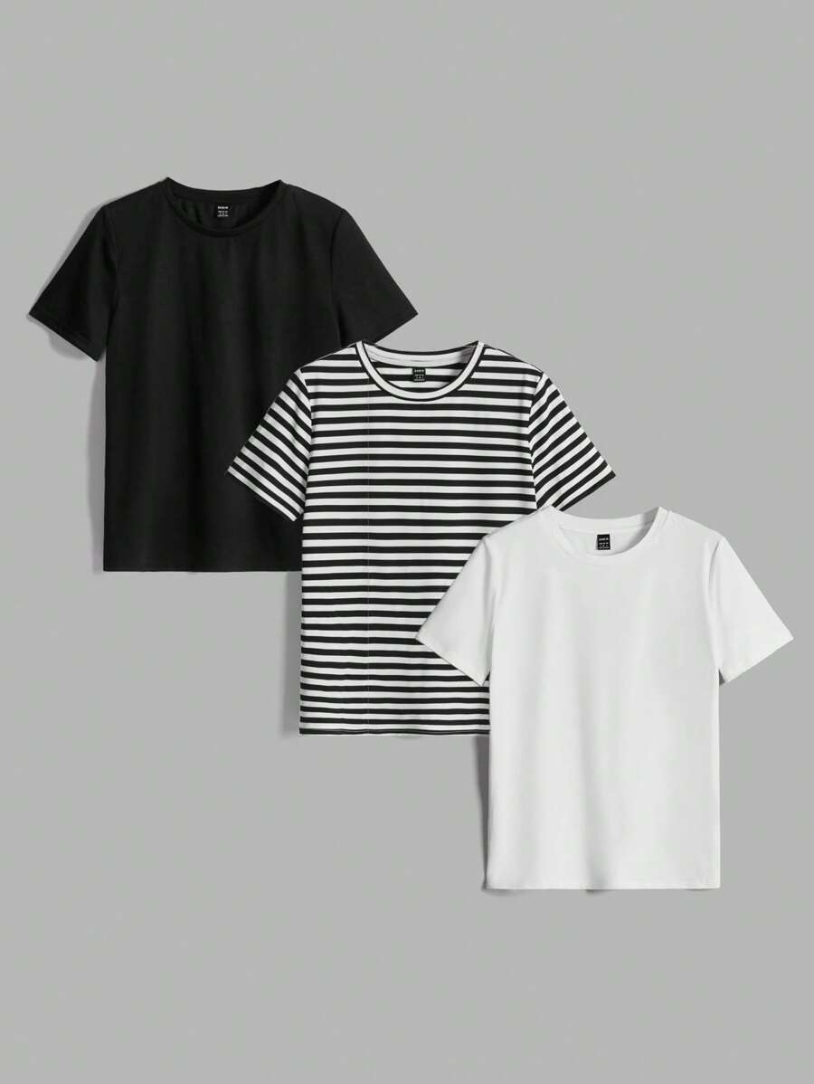 SHEIN Essnce 女士纯色圆领短袖简约 T 恤,休闲日常穿着 - 彩色 - 查看 1