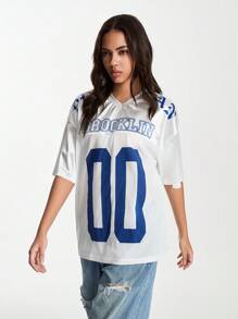 TRNVIE Camiseta de manga corta holgada con estampado numérico de Brooklyn y entredós de malla - Blanco - Ver 5