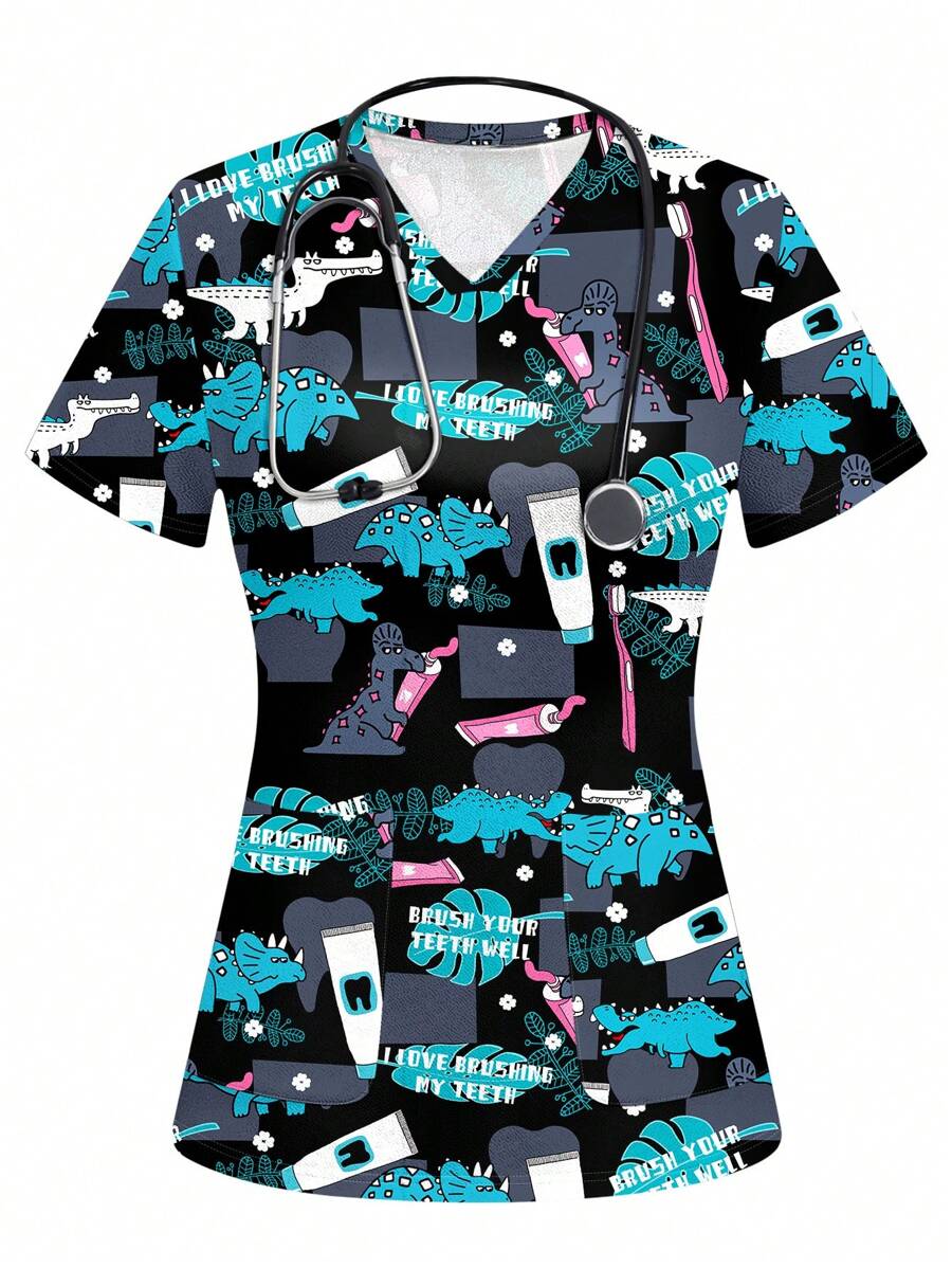 PopScrub Dinosaur Toothbrush & Toothpaste Print Short Sleeve Scrub Uniform Top - White - View 1