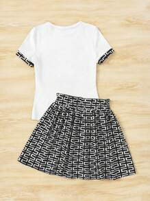 SHEIN 2 件套青少年女孩短袖印花圆领 T 恤和迷你裙 - 白色 - 查看 2