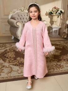 SHEIN Young Girl Loose Puff Sleeve Furry V-Neck Splicing Dress
