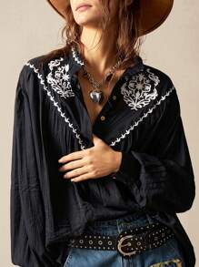 Bohemela Camisa informal de mujer tejida de unicolor con bordado