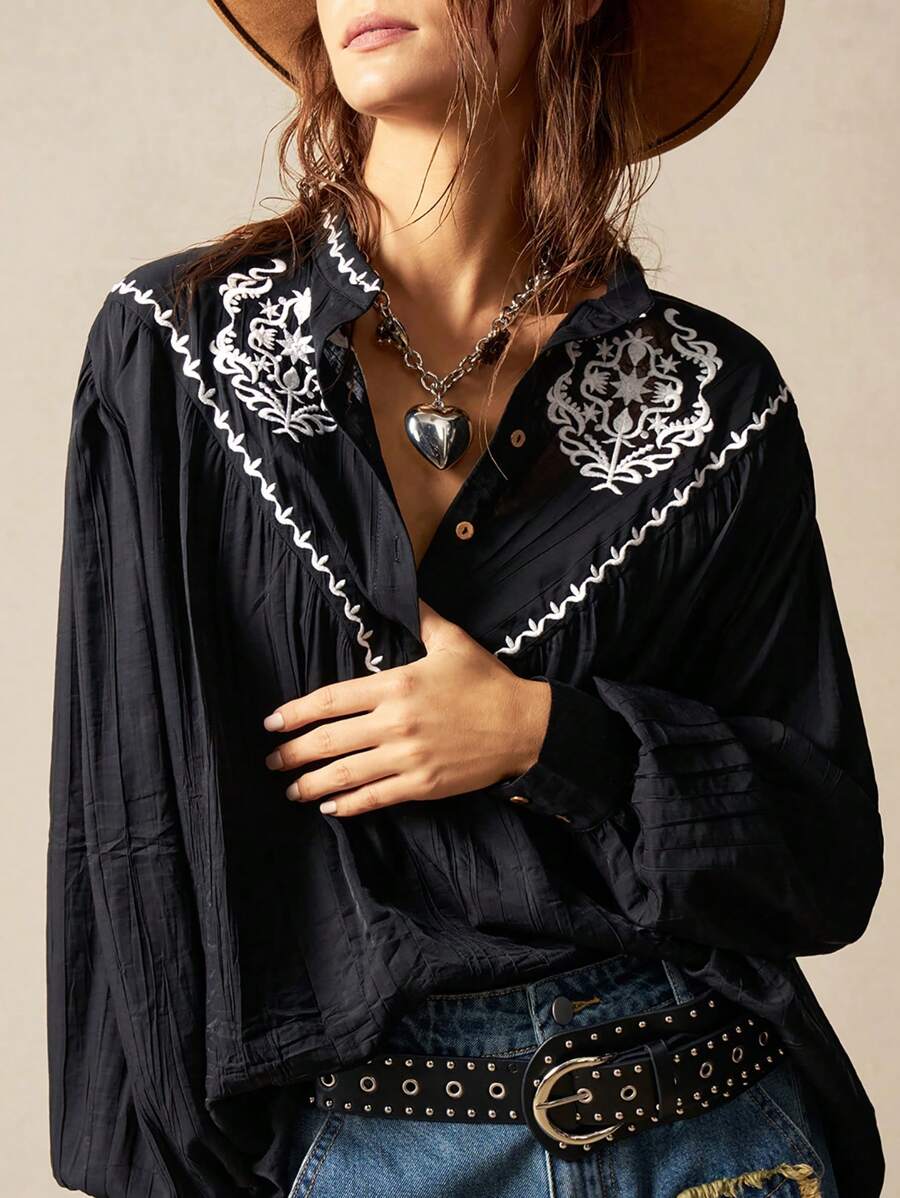 Bohemela Camisa informal de mujer tejida de unicolor con bordado