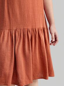 Ontre 青少年女孩宽松休闲短款纯色荷叶边下摆连衣裙 - 鏽棕色 - 查看 4