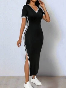Chiquease Đầm bodycon cổ chữ V tay ngắn xẻ tà phối thun co giãn màu đen thời trang thanh lịch cho nữ - màu đen - Xem 4