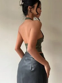 Aloruh 女款純色掛脖修身PU上衣，休閒度假風，軍綠色上衣，Y2K風格，演唱會女裝 - 軍綠色 - 查看 3