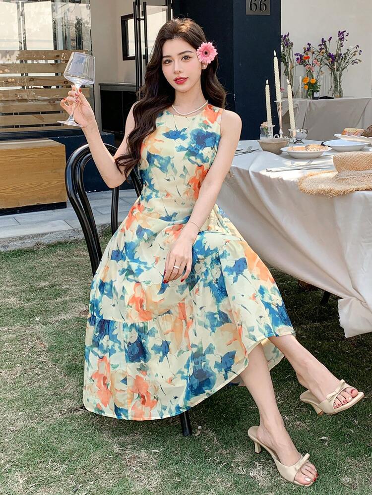 Floral Print Sleeveless Midi Dress For Women Boho