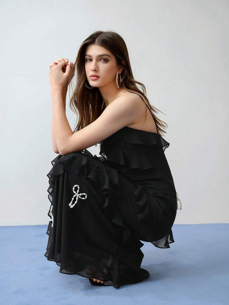 MOTF STUDIO FAUX PEARL BOW DECOR RUFFLE TRIM CAMI DRESS,VALENTINE'S DAY OUTFIT,SPRING/SUMMER