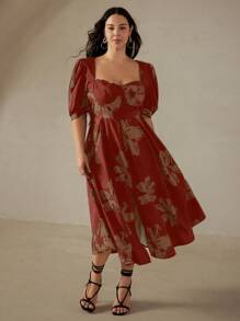 Aveloria Rosie Plus Size Willekeurige Franse Vintage Botsende Kleur Bloemenprint Gerimpelde Buste Cup Vierkante Hals Pofmouw Jurk Vakantie Outfits Vrouw Voor De Zomer