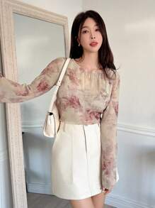 DAZY Women's Textured Floral Print Flare Sleeve Casual Blouse For Holiday, Spring & Summer Sheer Long Sleeve Top - Pink - View 6