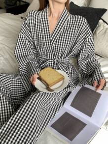 DAZY Conjunto de top de cuello de chaqueta de tartán y pantalones de pijama rectos holgados