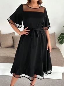 SHEIN Clasi Plus Size Women's Solid Color Mesh Splicing Round Neck Ruffle Sleeve Elegant A-Line Dress, Plus Size Women's Solid Color Mesh Splicing Round Neck Ruffle Sleeve Elegant A-Line Dress, Going Outfits, Women's Maxi Dresses, Long Dresses, Elegant Midi Dresses, Elegant Dresses, Elegant Dresses, Elegant Dresses, Elegant Wedding Dresses, Elegant Midi Dresses, Women's Black Dresses, Women's Spring And Summer Dresses, Women's Resort Dresses - Black - View 3
