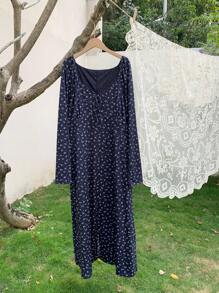 Dazy Plus All-Over Floral Print Wrap Dress Long Sleeve, Spring/Summer,Milkmaid Dress - Navy Blue - View 4