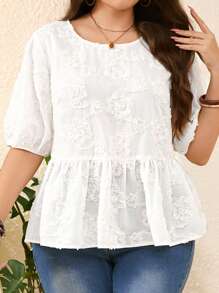 Plus Size Boho Women Floral Jacquard Short Puff Sleeve Ruffle Hem Blouse,Summer For Women,Vacation - Beige - View 5