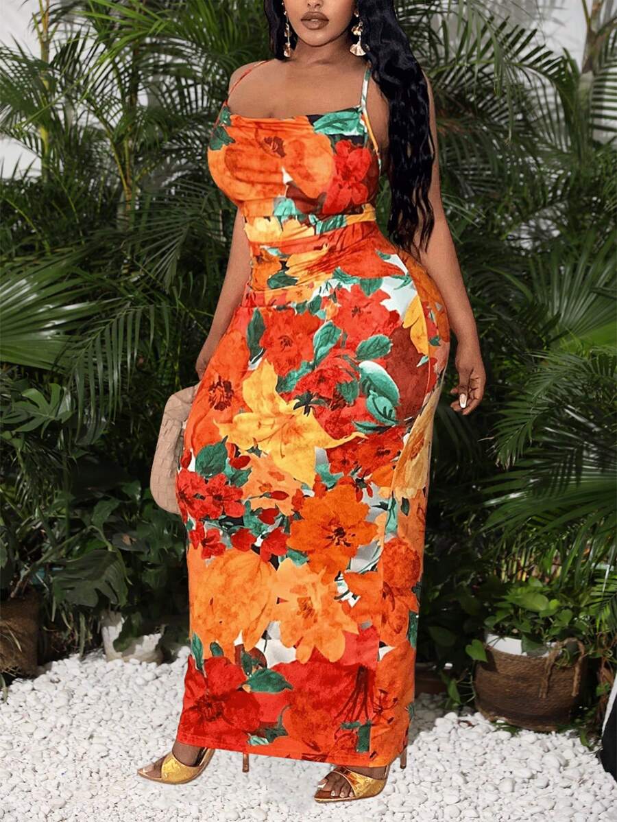 Slaydiva 情人节、圣诞节、新年橙色花卉印花修身弹力休闲优雅细肩带大码女式长裙 - 橘色 - 查看 1