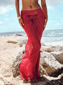 Opulessa Casual Solid Color Knit Lace Fit & Flare Skirt - Red - View 4