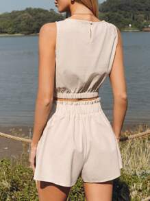 SHEIN LUNE Conjunto de camisa sin mangas con bajo ajustable con cordón y bolsillo fruncido en la cintura, shorts acampanados, hecho de mezcla de lino