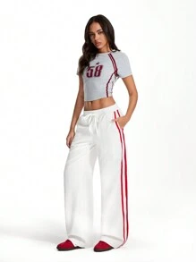 TRNVIE Casual Minimalist Side Contrast Stripe Low Rise Pants For Daily Wear - White - View 1