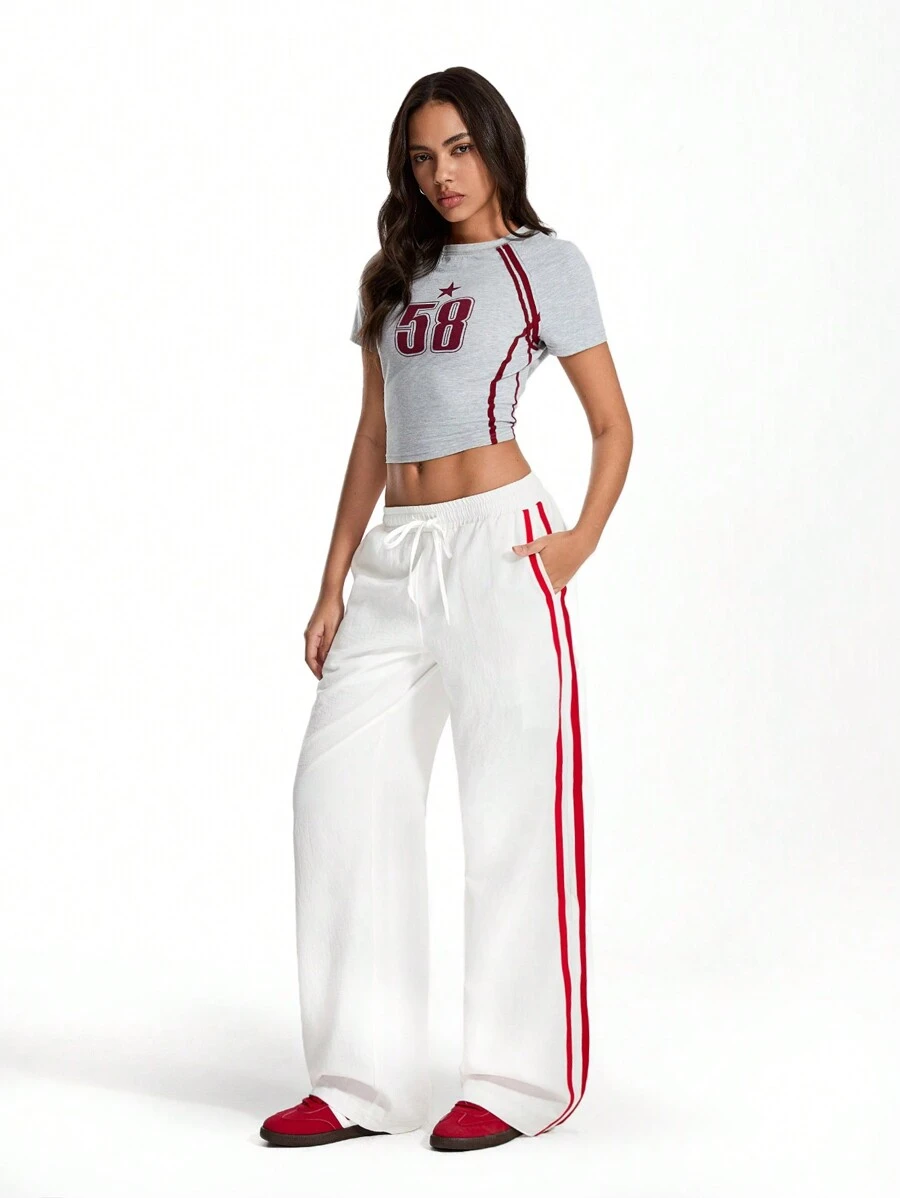 TRNVIE Casual Minimalist Side Contrast Stripe Low Rise Pants For Daily Wear - White - View 1