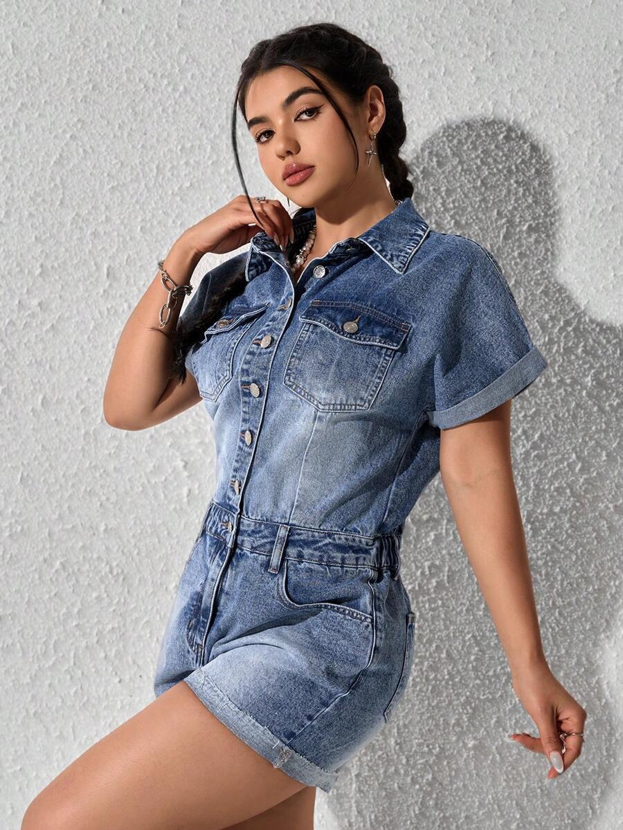 SHEIN EZwear Women's Simple & Fashionable Casual Denim Jumpsuit With Adjustable Suspenders - Medium Wash - View 1