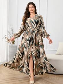 Modelyn Plus Size Women All-Over Print V-Neck Lantern Sleeve Elegant Dress - Multicolor - View 3