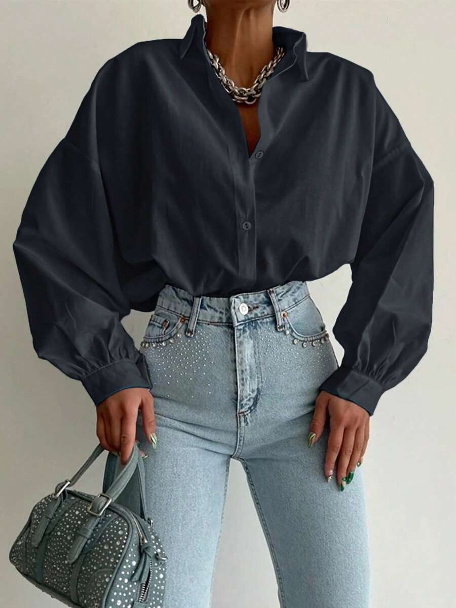 SHEIN Cotton Solid Drop Shoulder Oversized Shirt
