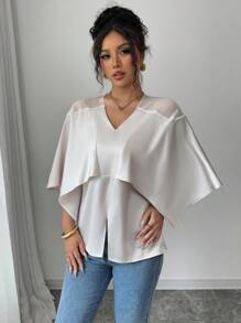 Elenzga Women's Solid Color V-Neck Batwing Sleeve Ruffle Hem Loose Blouse - Beige - View 6