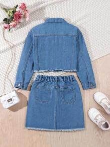 Sparklyn Tween Girls Y2K Pastel Pink Distressed Cropped Jacket, Drawstring Waist Denim Skirt 2 Pieces Set - Light Wash - View 2