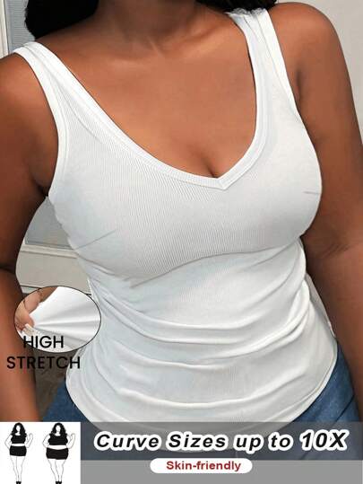 SHEIN CURVE+ Plus Size Women's Casual Versatile V-Neck Ribbed Knit Camisole Tank Top, White