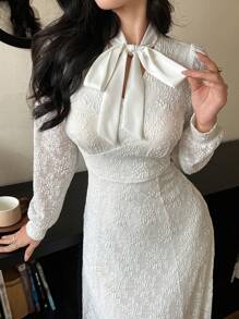 DAZY Women Elegant Solid Color Lace Ribbon Collar Puff Sleeve Mid-Length Dress Prom Dress