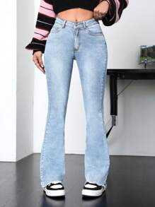 SHEIN PETITE Quần Jeans Denim Thường Ngày Có Túi Cài Nút Phía Trước Cho Nữ, Mặc Hàng Ngày - Rửa nhẹ - Xem 3