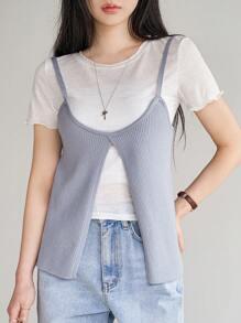 DAZY Top de punto sin mangas con diseño dividido para mujeres - Gris - Ver 6