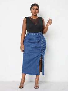 SHEIN Lady Plus Size Women's Denim Skirt Sexy Skinny Pleated Midi Skirt Blue Denim Skirt Long Women Skirts Sexy Blue Dress Women Skirts Thanksgiving Women Outfit Sexy Women Outfits