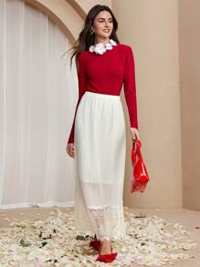 Chiquease 女士纯色撞色蕾丝松紧腰半身裙，优雅