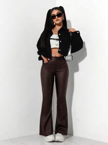 SHEIN PETITE Women's Solid Color Front Button Pocket Minimalist Long Pants, Casual For Daily Wear - Burgundy - View 3