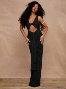 MUSERA Slinky Cut Out Ruched Drape Maxi Holiday Party Dress Vacation Summer Ibiza Beach Wedding Guest Fall Night Out Autumn Winter Date Night Christmas, , Fall, Winter Party