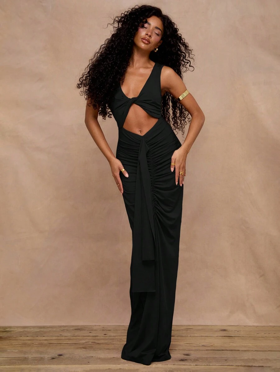 MUSERA Slinky Cut Out Ruched Drape Maxi Holiday Party Dress Vacation Summer Ibiza Beach Wedding Guest Fall Night Out Autumn Winter Date Night Christmas, , Fall, Winter Party