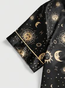 ROMWE Dark Gothic Sun, Moon & Star Print Satin Button-Up Shorts Pajama Set - Black - View 4