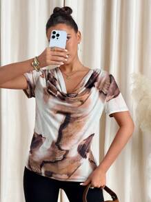 SHEIN Clasi Women's Floral Print Drape Short Sleeve Top, Spring Spring Women Outfits