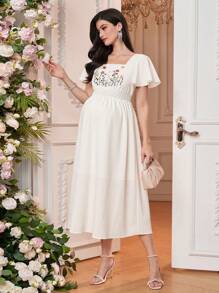 SHEIN 孕妇花卉印花方领荷叶边袖优雅连衣裙 - 白色 - 查看 7